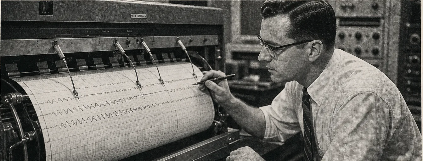 A research engineer studying oscillating traces drawn by a 1950s strip-chart recorder.